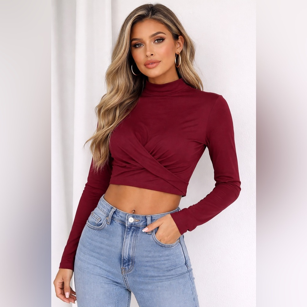 Luvalot Burgundy Twist Front Long Sleeve Crop Top